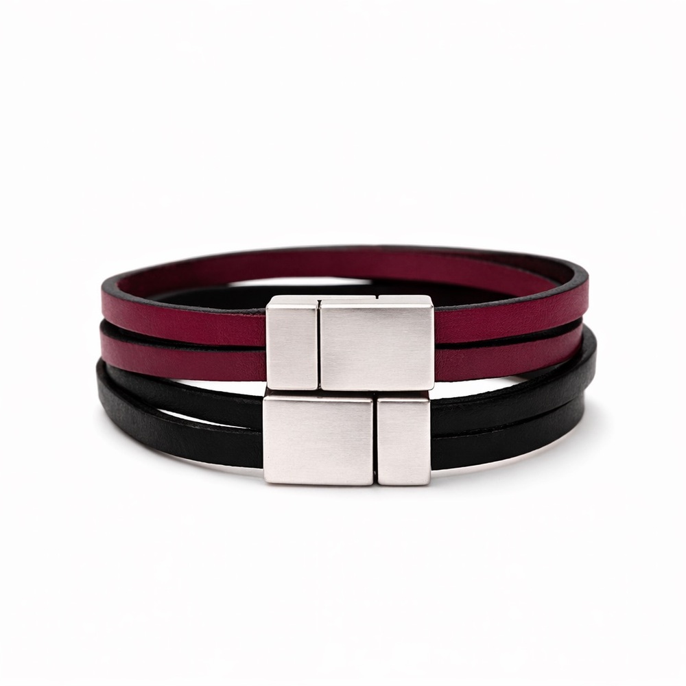 Burgundy and Black Leather Bracelet with Silver Clasp Set of 2 - Picture 1 of 3